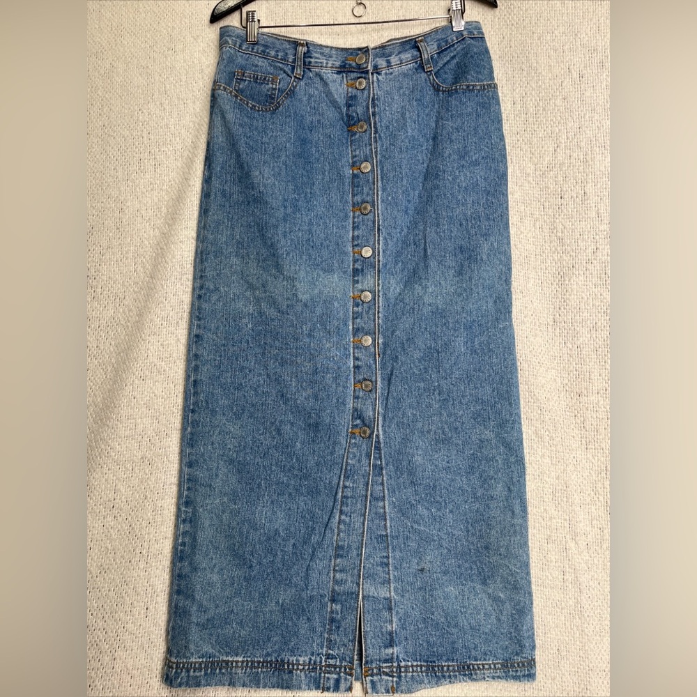 Vintage Maxi Denim Skirt Jay Jacobs Button Front Pencil Jean 90s Faded USA Jr 13 - Picture 16 of 16